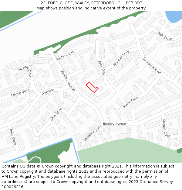 23, FORD CLOSE, YAXLEY, PETERBOROUGH, PE7 3DT: Location map and indicative extent of plot