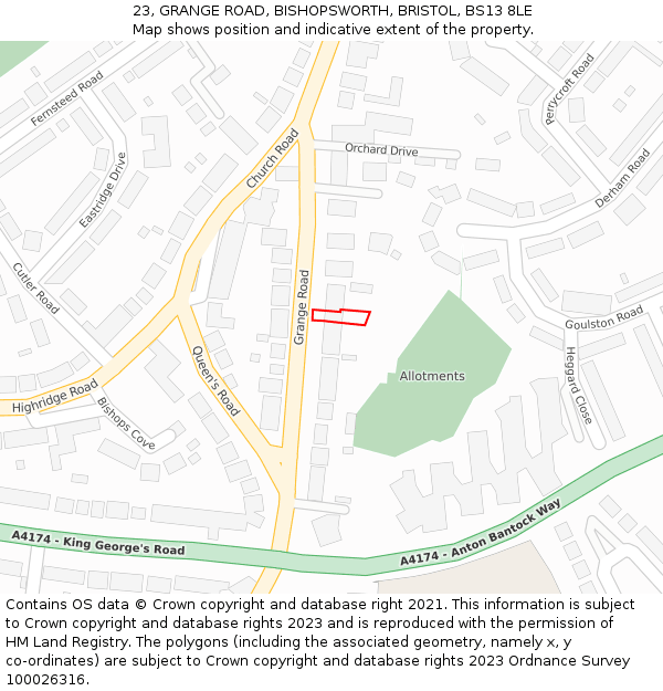 23, GRANGE ROAD, BISHOPSWORTH, BRISTOL, BS13 8LE: Location map and indicative extent of plot