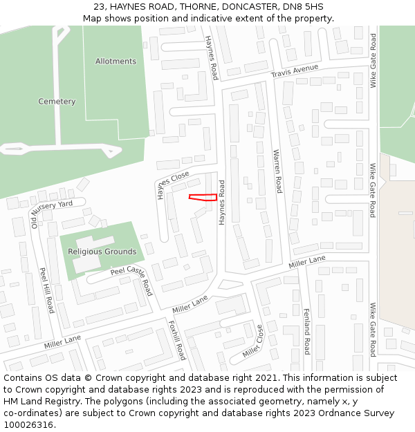 23, HAYNES ROAD, THORNE, DONCASTER, DN8 5HS: Location map and indicative extent of plot