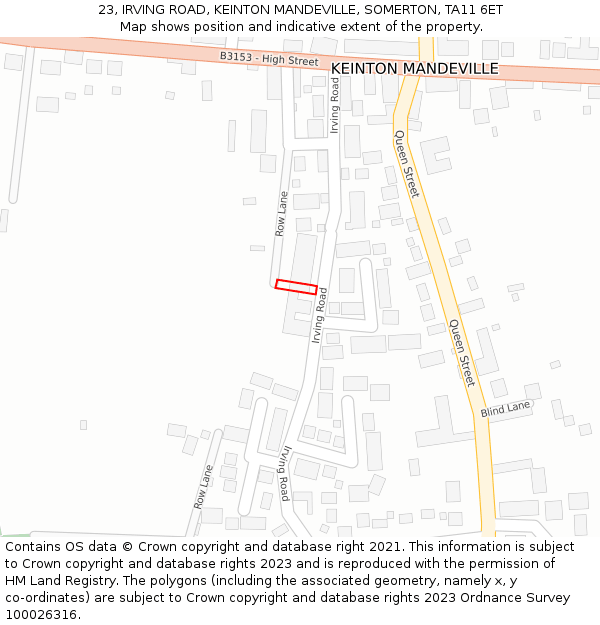 23, IRVING ROAD, KEINTON MANDEVILLE, SOMERTON, TA11 6ET: Location map and indicative extent of plot