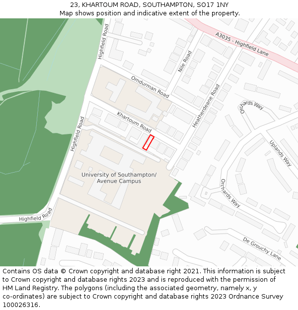 23, KHARTOUM ROAD, SOUTHAMPTON, SO17 1NY: Location map and indicative extent of plot