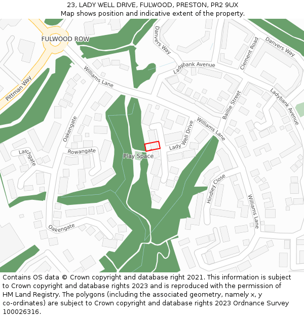 23, LADY WELL DRIVE, FULWOOD, PRESTON, PR2 9UX: Location map and indicative extent of plot