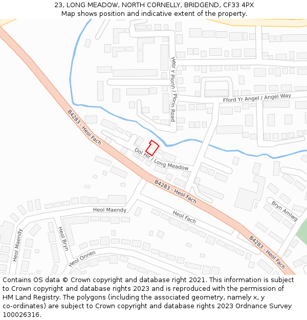 23, LONG MEADOW, NORTH CORNELLY, BRIDGEND, CF33 4PX: Location map and indicative extent of plot