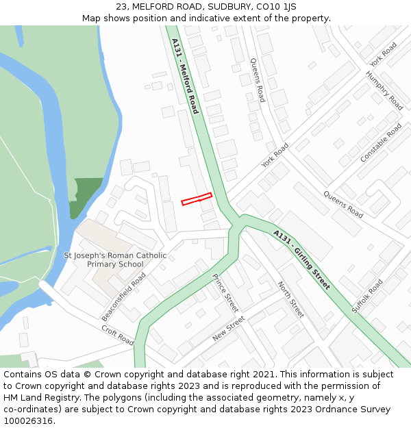 23, MELFORD ROAD, SUDBURY, CO10 1JS: Location map and indicative extent of plot