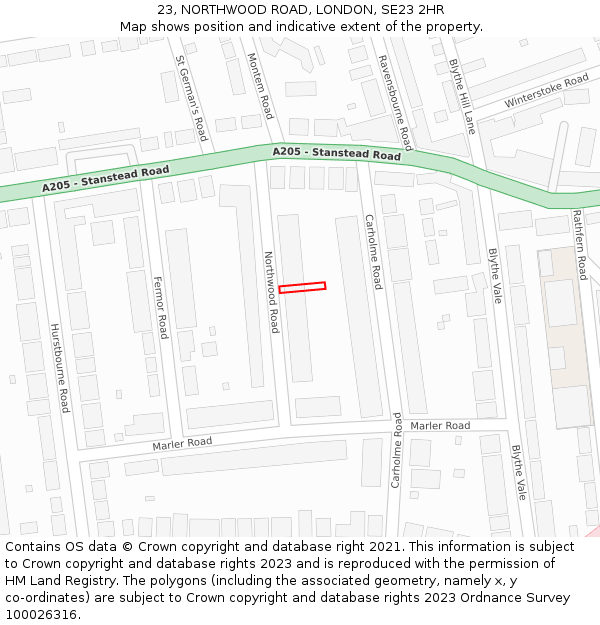 23, NORTHWOOD ROAD, LONDON, SE23 2HR: Location map and indicative extent of plot