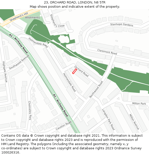 23, ORCHARD ROAD, LONDON, N6 5TR: Location map and indicative extent of plot