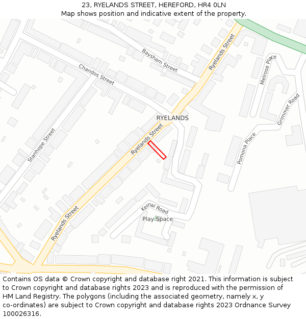 23, RYELANDS STREET, HEREFORD, HR4 0LN: Location map and indicative extent of plot