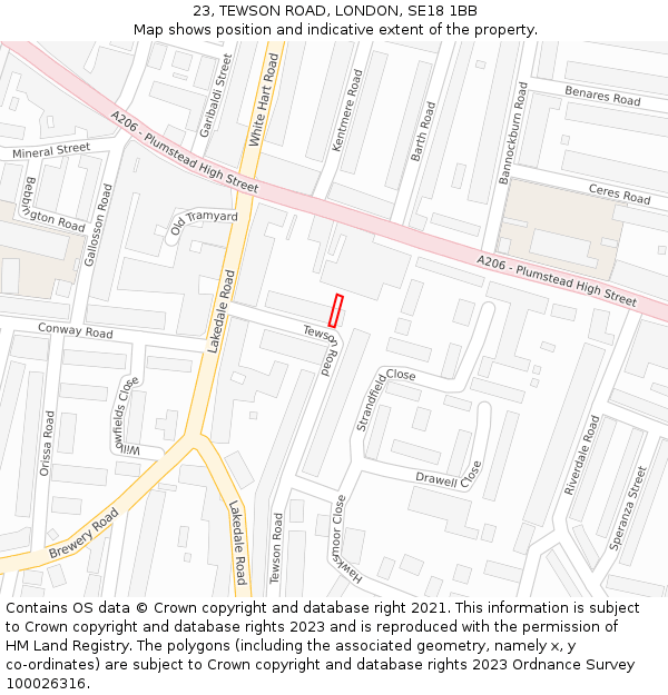 23, TEWSON ROAD, LONDON, SE18 1BB: Location map and indicative extent of plot