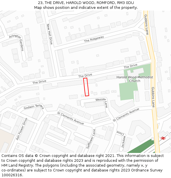 23, THE DRIVE, HAROLD WOOD, ROMFORD, RM3 0DU: Location map and indicative extent of plot