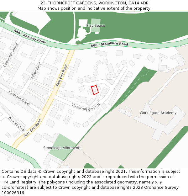 23, THORNCROFT GARDENS, WORKINGTON, CA14 4DP: Location map and indicative extent of plot