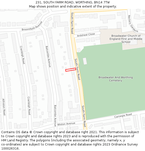 231, SOUTH FARM ROAD, WORTHING, BN14 7TW: Location map and indicative extent of plot