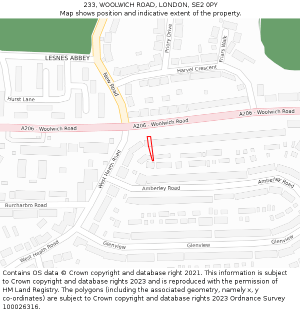 233, WOOLWICH ROAD, LONDON, SE2 0PY: Location map and indicative extent of plot