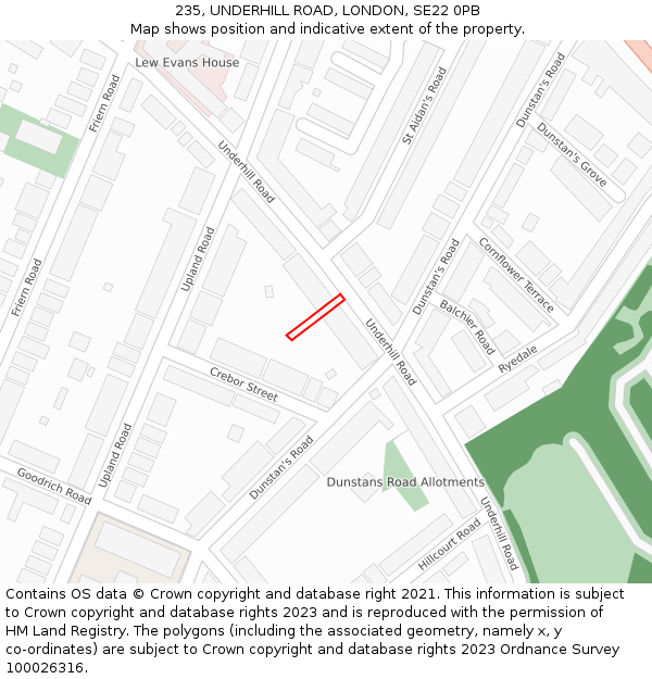 235, UNDERHILL ROAD, LONDON, SE22 0PB: Location map and indicative extent of plot