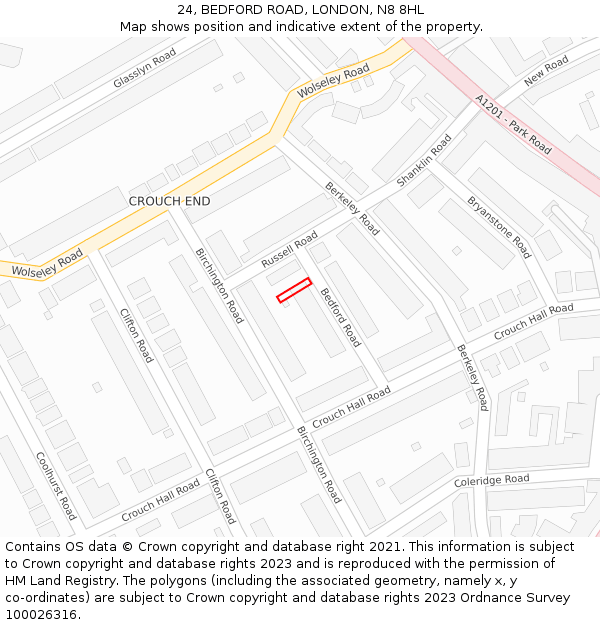 24, BEDFORD ROAD, LONDON, N8 8HL: Location map and indicative extent of plot