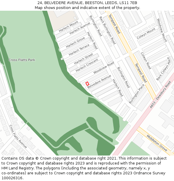 24, BELVEDERE AVENUE, BEESTON, LEEDS, LS11 7EB: Location map and indicative extent of plot