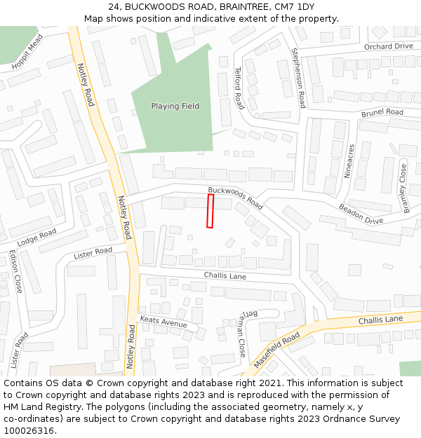 24, BUCKWOODS ROAD, BRAINTREE, CM7 1DY: Location map and indicative extent of plot