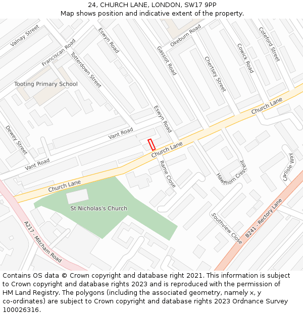 24, CHURCH LANE, LONDON, SW17 9PP: Location map and indicative extent of plot