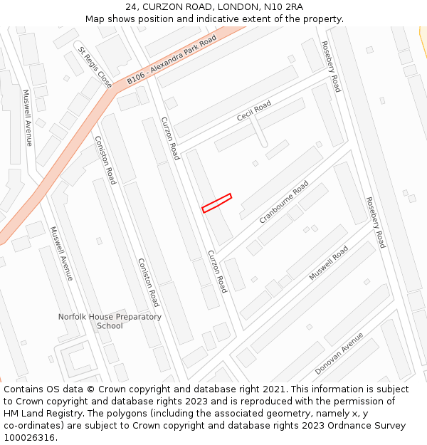 24, CURZON ROAD, LONDON, N10 2RA: Location map and indicative extent of plot