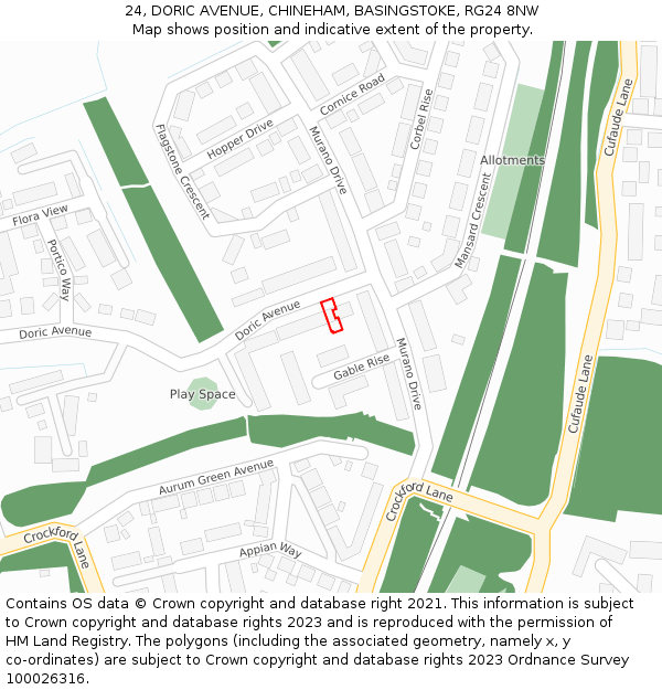 24, DORIC AVENUE, CHINEHAM, BASINGSTOKE, RG24 8NW: Location map and indicative extent of plot