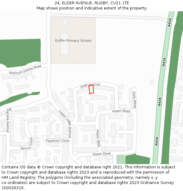 24, ELDER AVENUE, RUGBY, CV21 1TE: Location map and indicative extent of plot