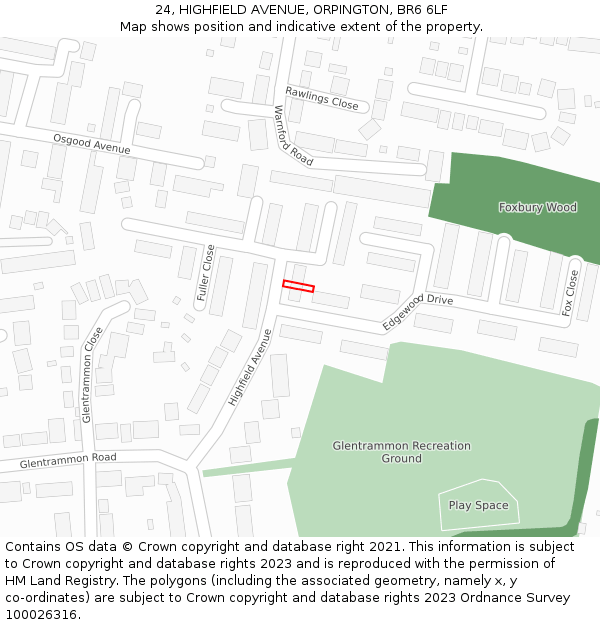 24, HIGHFIELD AVENUE, ORPINGTON, BR6 6LF: Location map and indicative extent of plot