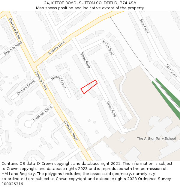 24, KITTOE ROAD, SUTTON COLDFIELD, B74 4SA: Location map and indicative extent of plot
