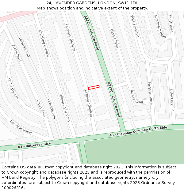 24, LAVENDER GARDENS, LONDON, SW11 1DL: Location map and indicative extent of plot