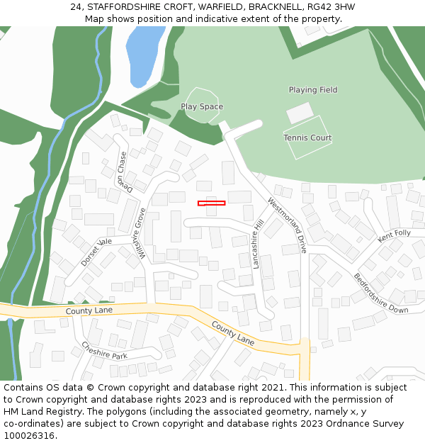 24, STAFFORDSHIRE CROFT, WARFIELD, BRACKNELL, RG42 3HW: Location map and indicative extent of plot