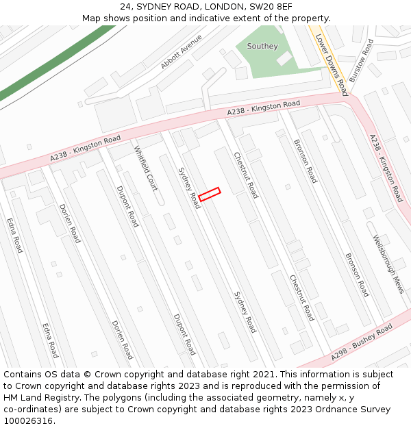 24, SYDNEY ROAD, LONDON, SW20 8EF: Location map and indicative extent of plot