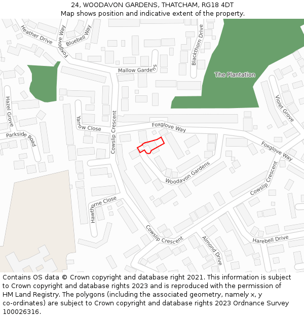 24, WOODAVON GARDENS, THATCHAM, RG18 4DT: Location map and indicative extent of plot
