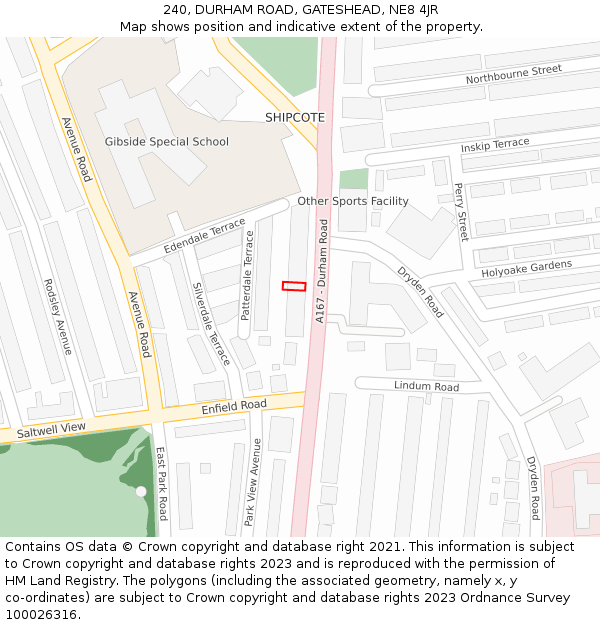 240, DURHAM ROAD, GATESHEAD, NE8 4JR: Location map and indicative extent of plot