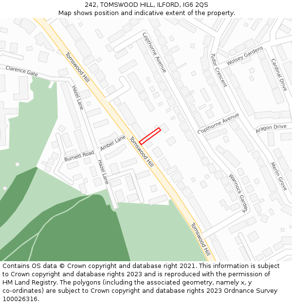 242, TOMSWOOD HILL, ILFORD, IG6 2QS: Location map and indicative extent of plot