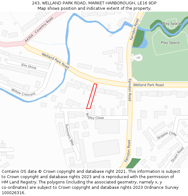 243, WELLAND PARK ROAD, MARKET HARBOROUGH, LE16 9DP: Location map and indicative extent of plot