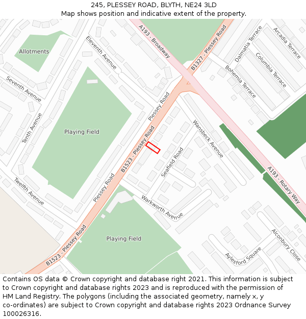 245, PLESSEY ROAD, BLYTH, NE24 3LD: Location map and indicative extent of plot