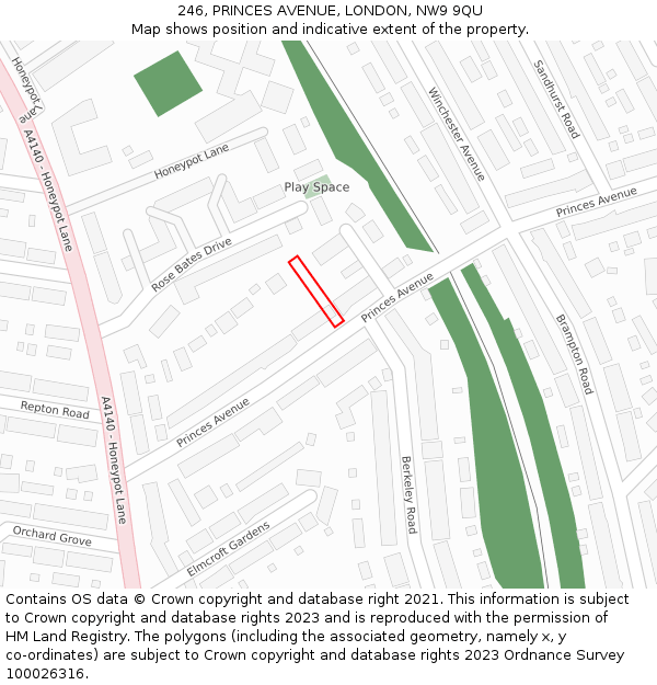 246, PRINCES AVENUE, LONDON, NW9 9QU: Location map and indicative extent of plot