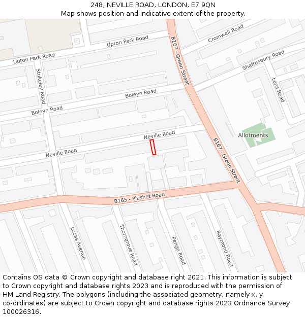 248, NEVILLE ROAD, LONDON, E7 9QN: Location map and indicative extent of plot