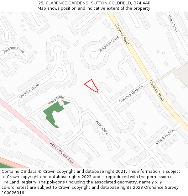 25, CLARENCE GARDENS, SUTTON COLDFIELD, B74 4AP: Location map and indicative extent of plot
