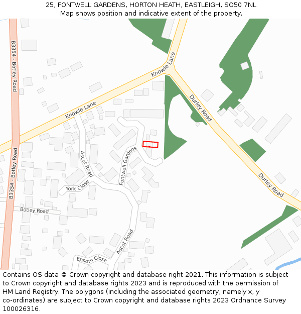 25, FONTWELL GARDENS, HORTON HEATH, EASTLEIGH, SO50 7NL: Location map and indicative extent of plot