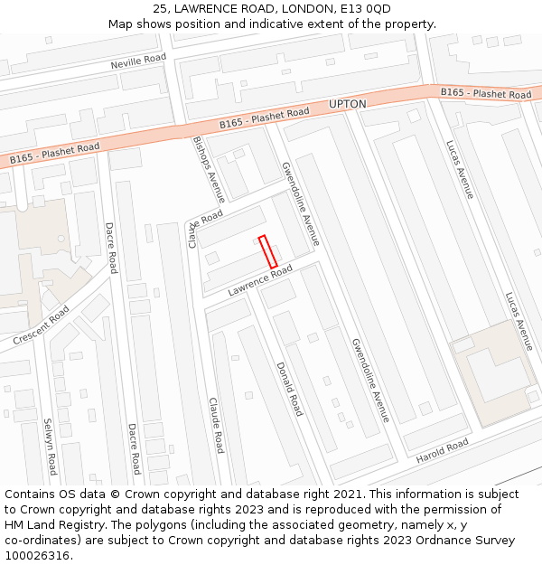 25, LAWRENCE ROAD, LONDON, E13 0QD: Location map and indicative extent of plot
