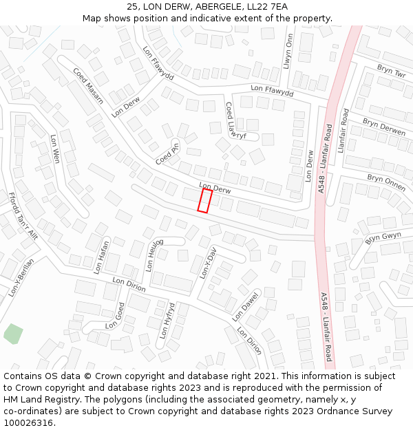 25, LON DERW, ABERGELE, LL22 7EA: Location map and indicative extent of plot