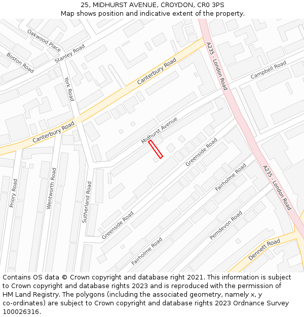 25, MIDHURST AVENUE, CROYDON, CR0 3PS: Location map and indicative extent of plot