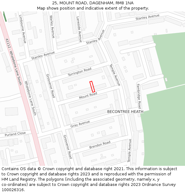 25, MOUNT ROAD, DAGENHAM, RM8 1NA: Location map and indicative extent of plot