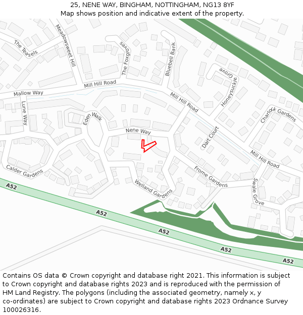 25, NENE WAY, BINGHAM, NOTTINGHAM, NG13 8YF: Location map and indicative extent of plot