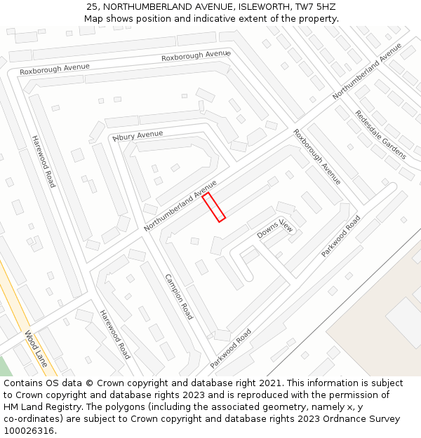 25, NORTHUMBERLAND AVENUE, ISLEWORTH, TW7 5HZ: Location map and indicative extent of plot