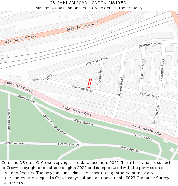 25, RAINHAM ROAD, LONDON, NW10 5DL: Location map and indicative extent of plot
