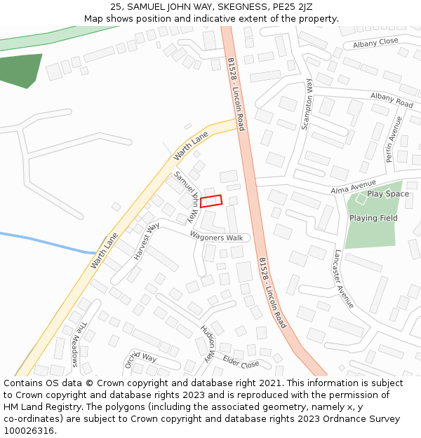 25, SAMUEL JOHN WAY, SKEGNESS, PE25 2JZ: Location map and indicative extent of plot