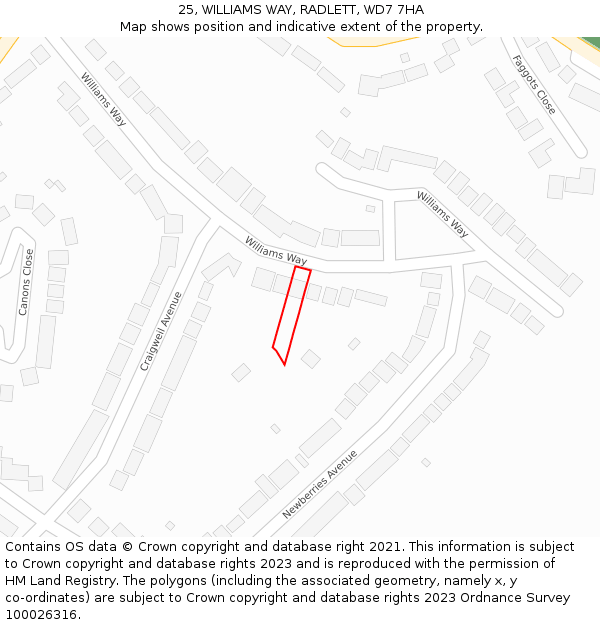 25, WILLIAMS WAY, RADLETT, WD7 7HA: Location map and indicative extent of plot