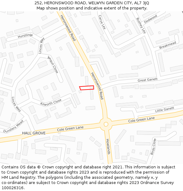 252, HERONSWOOD ROAD, WELWYN GARDEN CITY, AL7 3JQ: Location map and indicative extent of plot