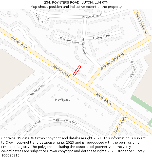 254, POYNTERS ROAD, LUTON, LU4 0TN: Location map and indicative extent of plot