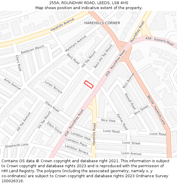 255A, ROUNDHAY ROAD, LEEDS, LS8 4HS: Location map and indicative extent of plot